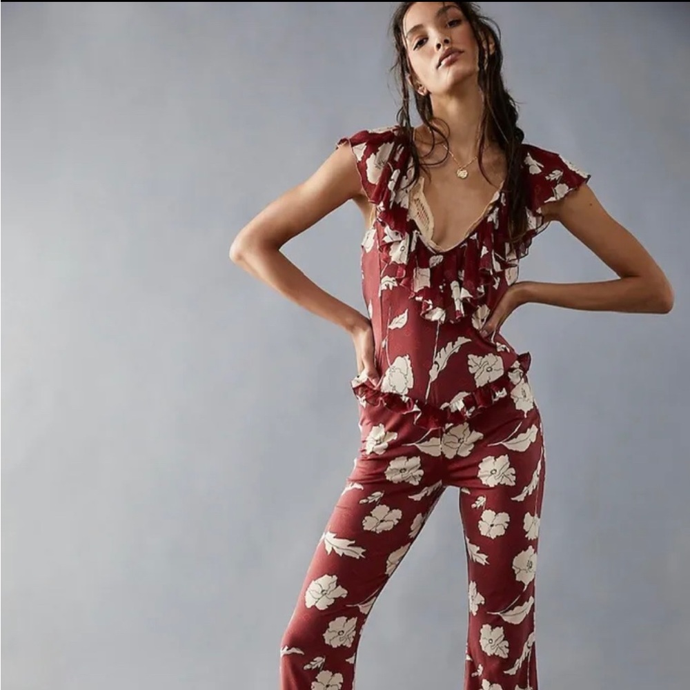 NWOT Free People Austyn One Piece Floral Flare Wide Leg Ruffle Jumpsuit